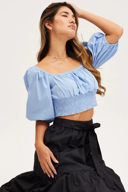 Blue Crop Top Short Sleeve Square Neck sold by Ally Fashion
