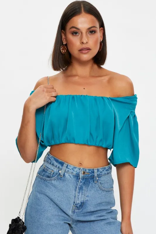Blue Crop Top Short Sleeve Satin sold by Ally Fashion