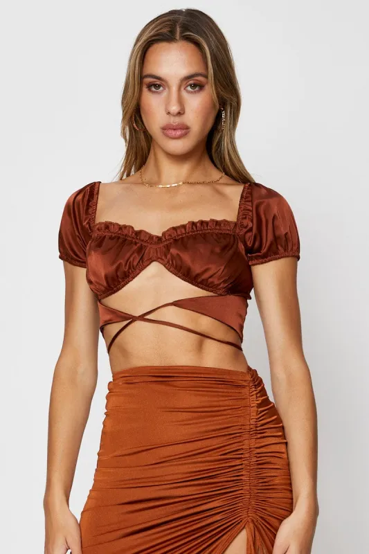 Brown Crop Top Short Sleeve Tie Up sold by Ally Fashion