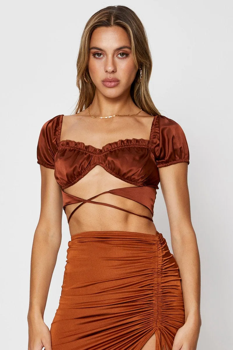 Brown Crop Top Short Sleeve Tie Up sold by Ally Fashion
