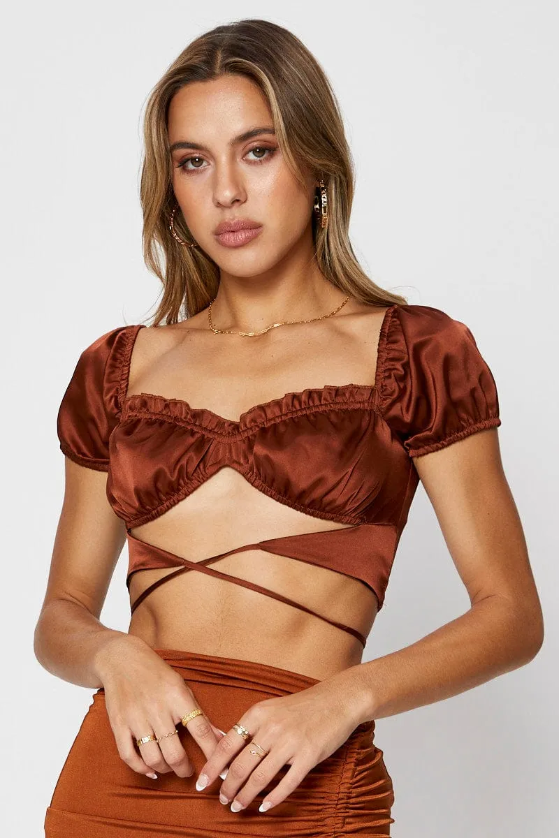 Brown Crop Top Short Sleeve Tie Up sold by Ally Fashion product image thumbnail 3