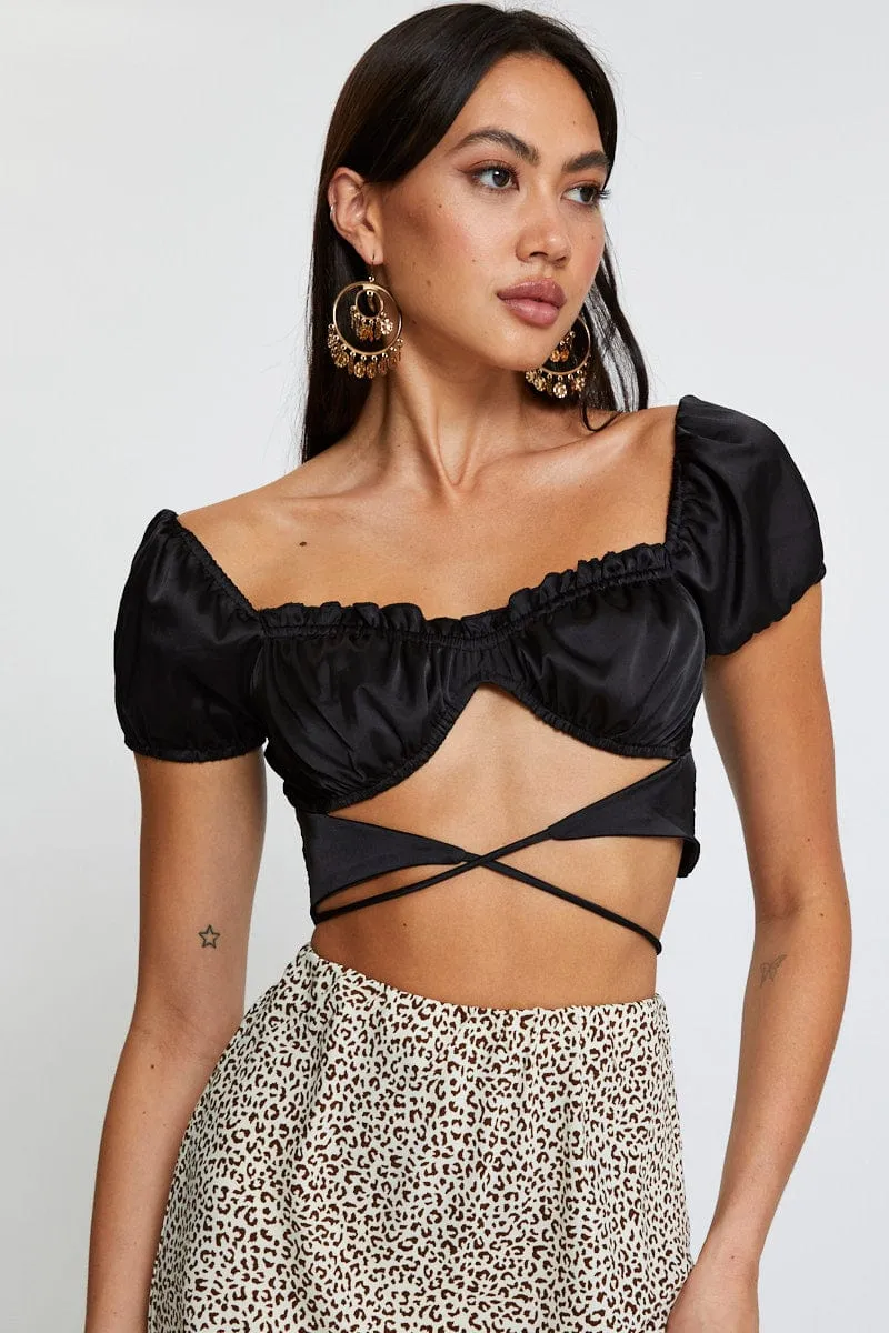Black Crop Top Short Sleeve Tie Up sold by Ally Fashion
