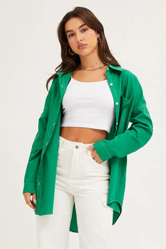 Green Oversized Contrast Stitch Button Up Shirt sold by Ally Fashion