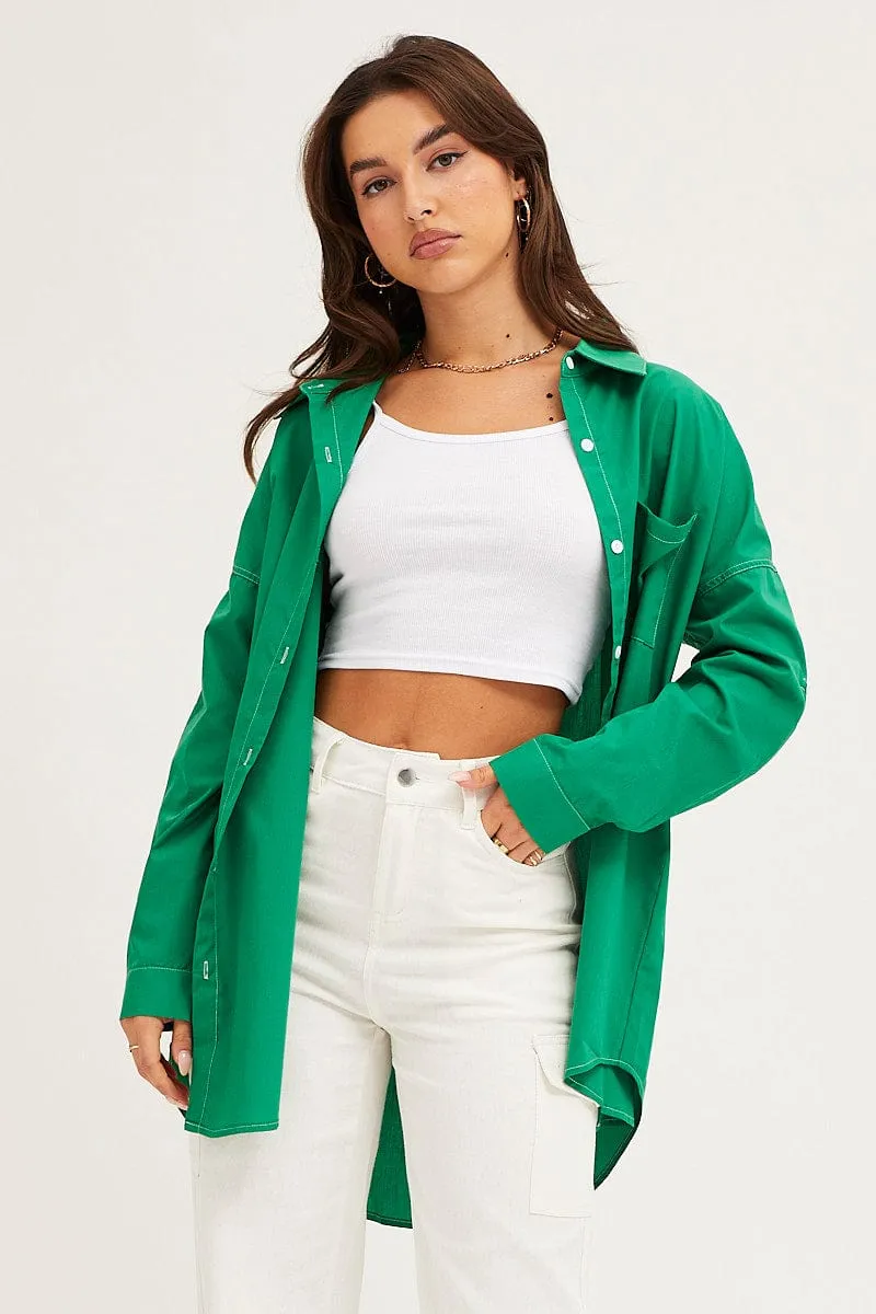 Green Oversized Contrast Stitch Button Up Shirt sold by Ally Fashion