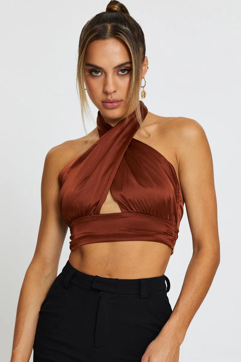 Brown Halter Top Crop sold by Ally Fashion