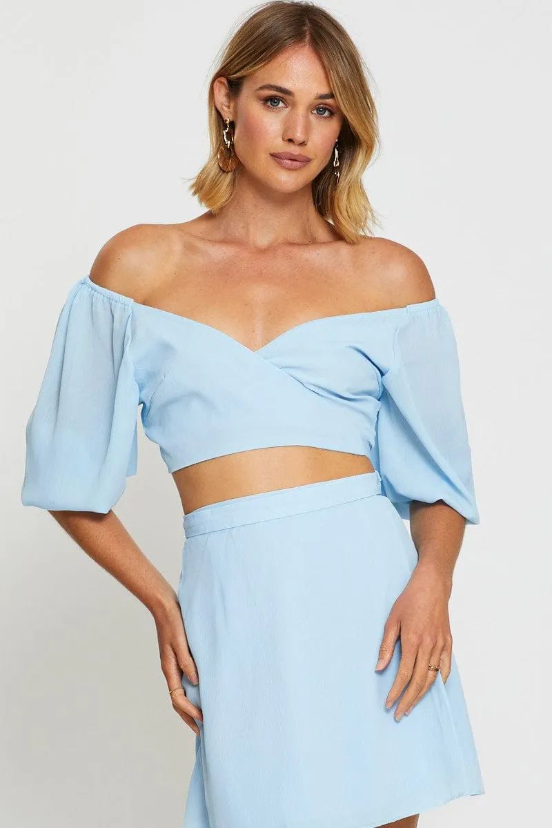 Blue Wrap Top Off Shoulder Crop sold by Ally Fashion