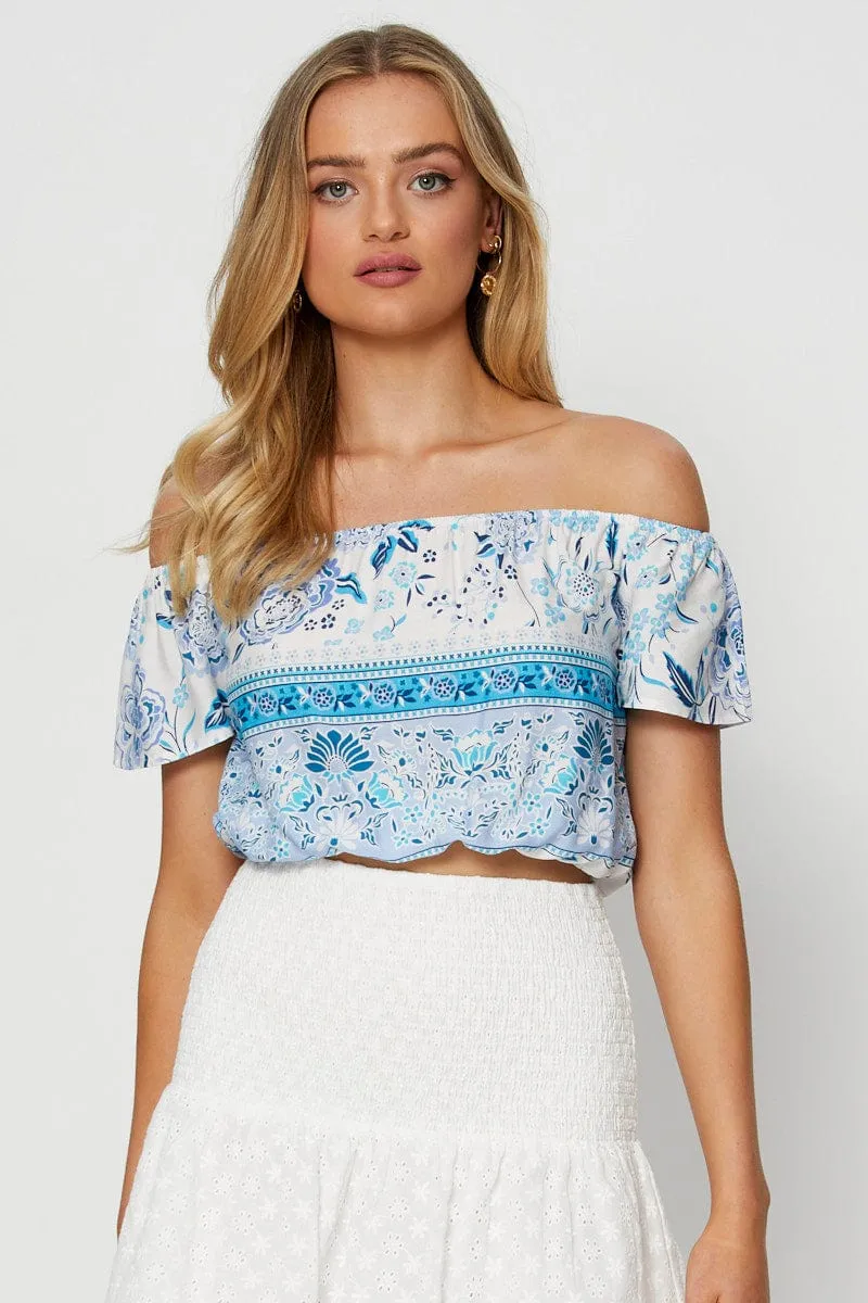 Boho Print Wrap Top Off Shoulder Tie Up Crop sold by Ally Fashion
