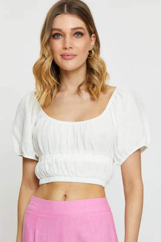 White Crop Top Short Sleeve Gathered Bust sold by Ally Fashion