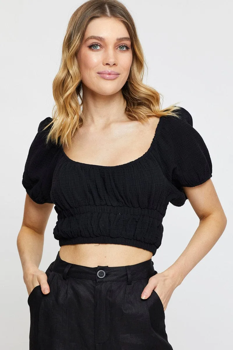 Black Crop Top Short Sleeve Gathered Bust sold by Ally Fashion product image thumbnail 3