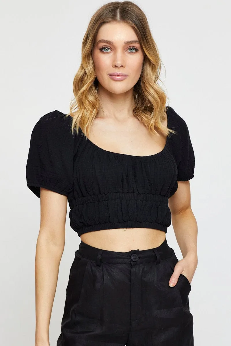 Black Crop Top Short Sleeve Gathered Bust sold by Ally Fashion
