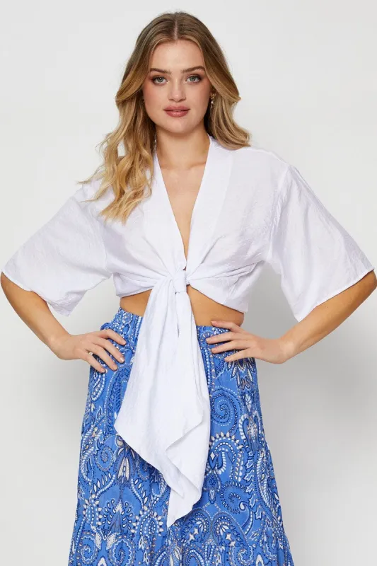 White Wrap Kimono Three-Quarter Crop sold by Ally Fashion