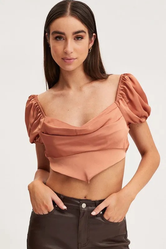 Brown Scarf Top Short Sleeve Crop sold by Ally Fashion
