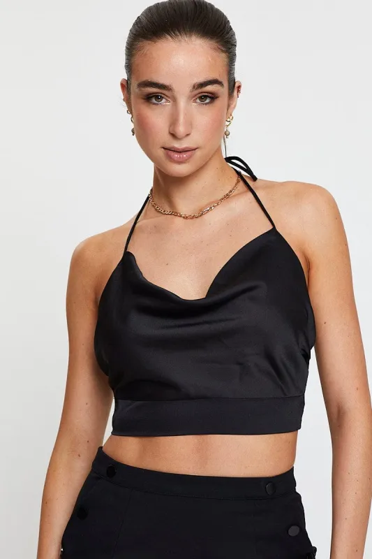 Black Crop Top Sleeveless Cowl Neck Satin sold by Ally Fashion