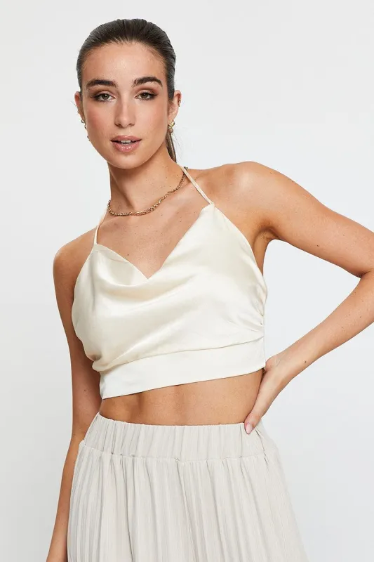White Crop Top Sleeveless Cowl Neck Satin sold by Ally Fashion