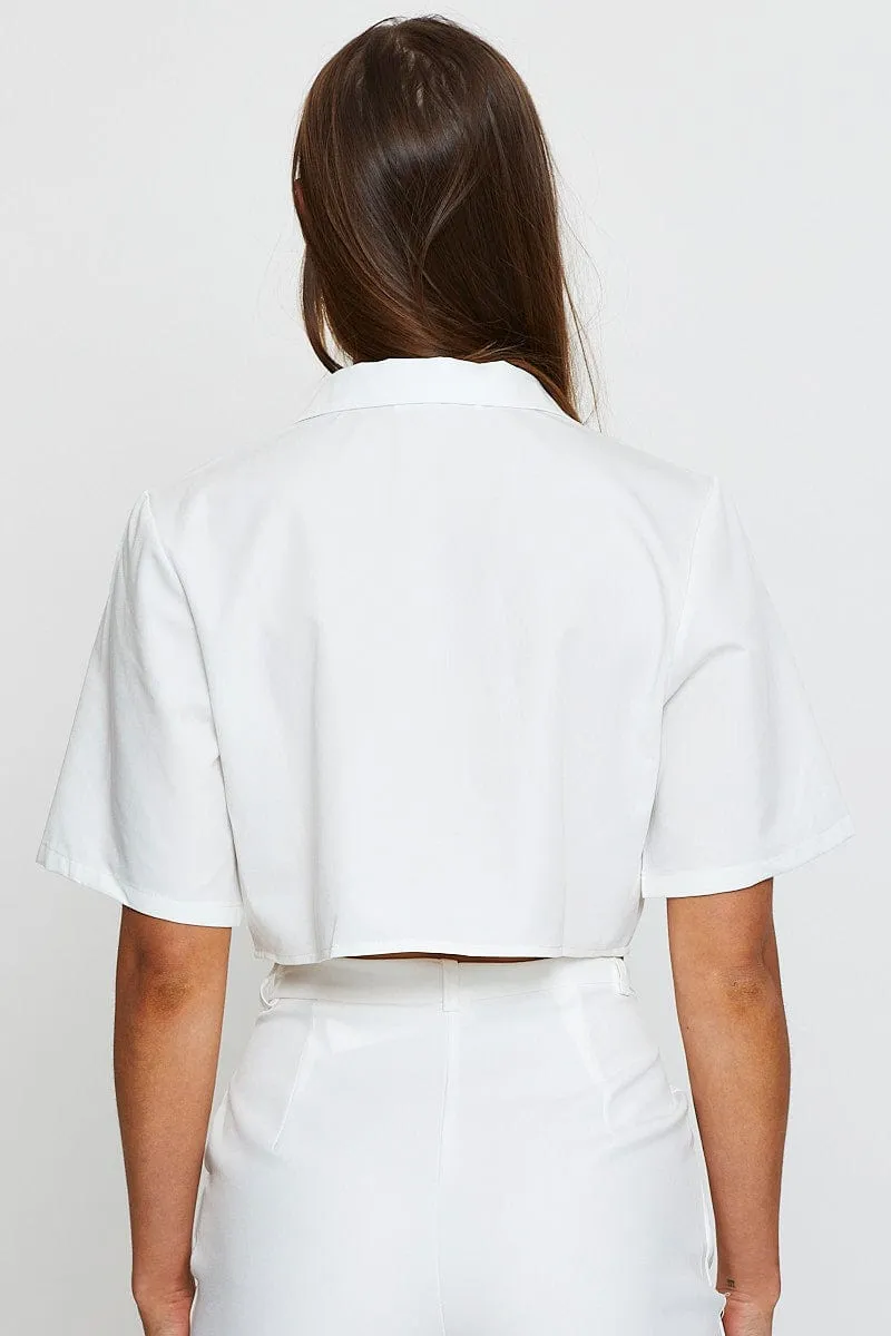 White Crop Shirts Short Sleeve Collared sold by Ally Fashion product image thumbnail 5