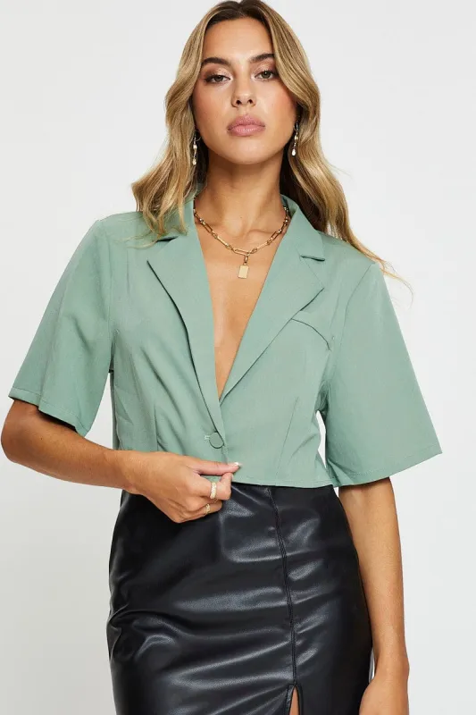 Green Crop Shirts Short Sleeve Collared sold by Ally Fashion