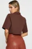 Brown Crop Shirts Short Sleeve Collared sold by Ally Fashion