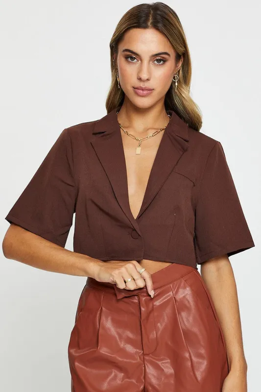 Brown Crop Shirts Short Sleeve Collared sold by Ally Fashion