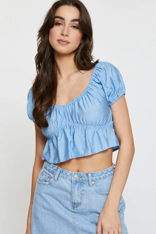 Blue Crop Top Short Sleeve Square Neck sold by Ally Fashion