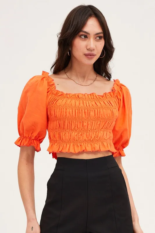 Orange Crop Top Short Sleeve Shirred sold by Ally Fashion