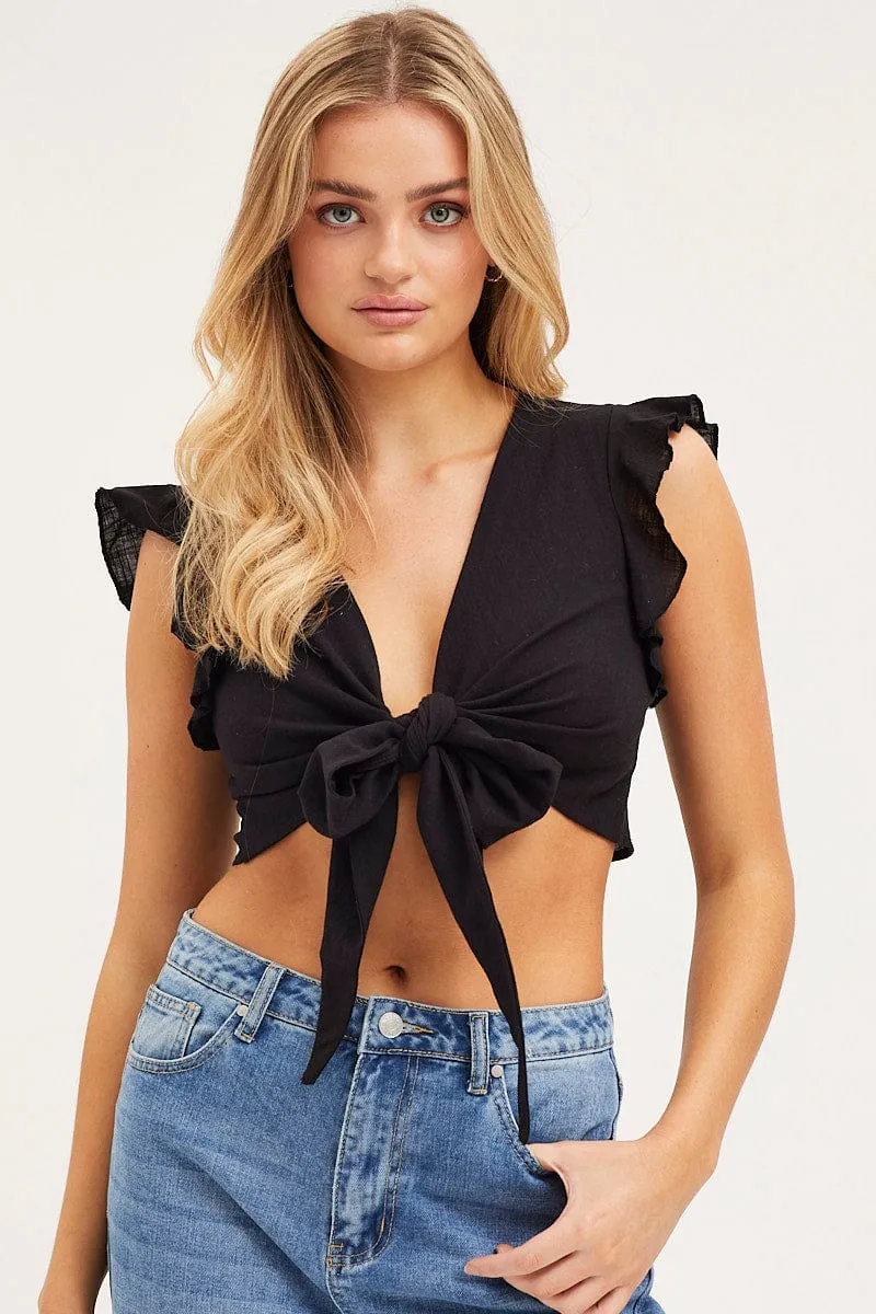 Black Crop Top Short Sleeve Tie Front sold by Ally Fashion