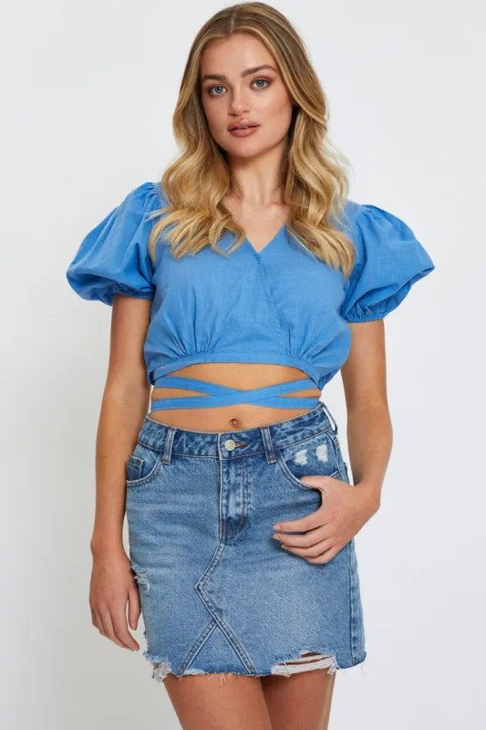 Blue Crop Top Short Sleeve Tie Up sold by Ally Fashion