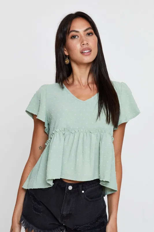 Green Peplum Top Short Sleeve Button Front sold by Ally Fashion