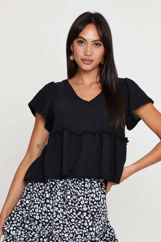 Black Peplum Top Short Sleeve Button Front sold by Ally Fashion