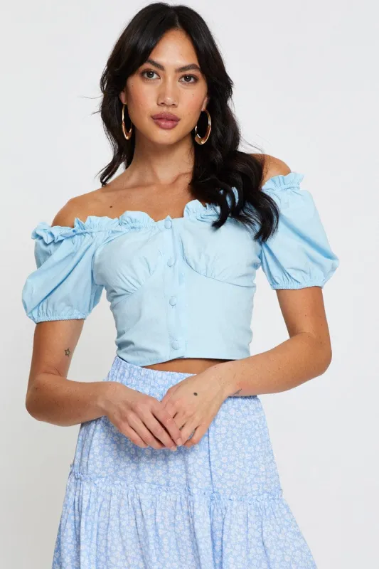 Blue Crop Top Short Sleeve Sweetheart Button Front sold by Ally Fashion