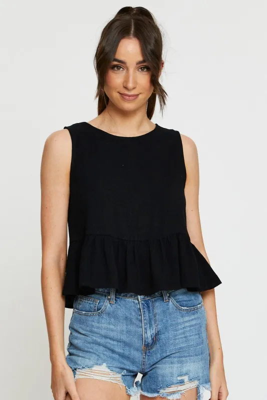 Black Peplum Top Sleeveless Ruffle sold by Ally Fashion
