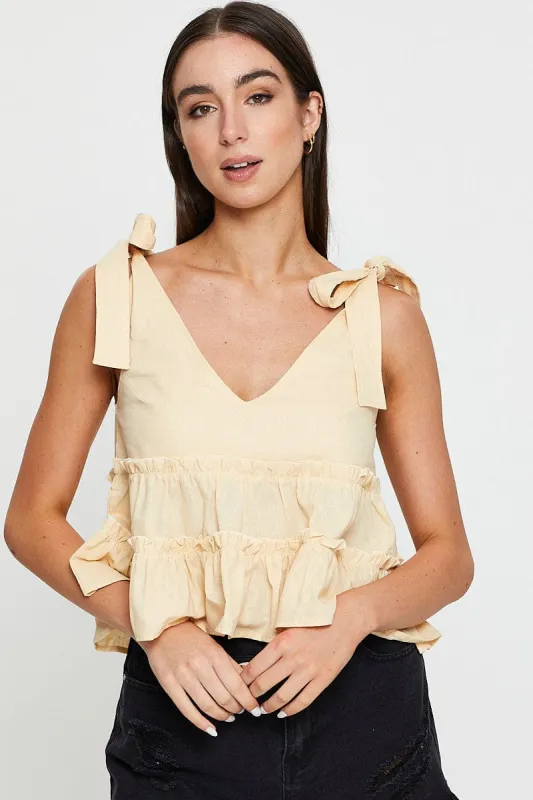 Beige Singlet Top Sleeveless V-Neck sold by Ally Fashion