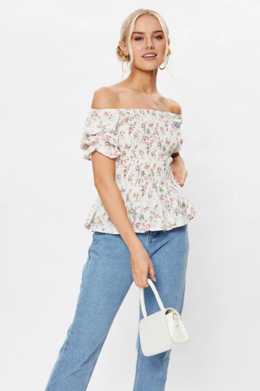 Print Short Sleeve Floral Print Shirred Peplum Top sold by Ally Fashion
