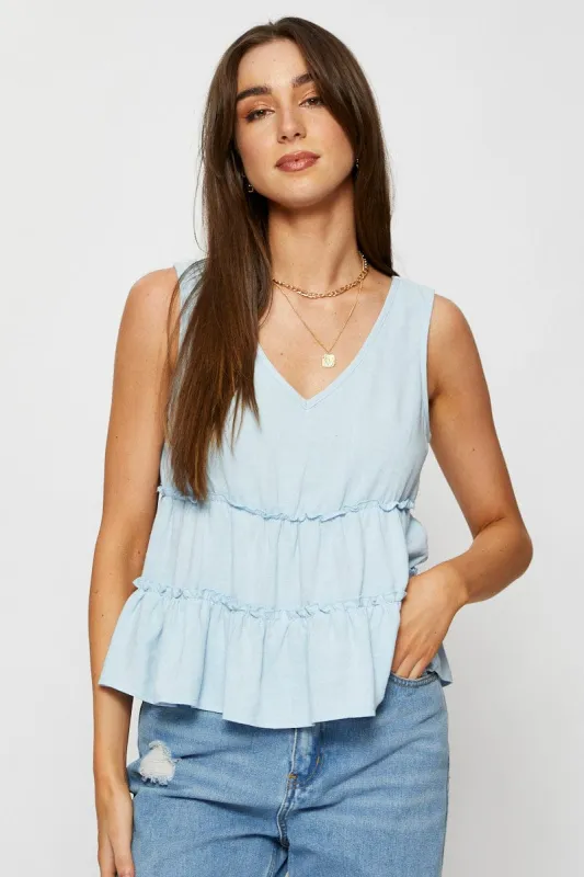 Blue Peplum Blouse Sleeveless V-Neck sold by Ally Fashion