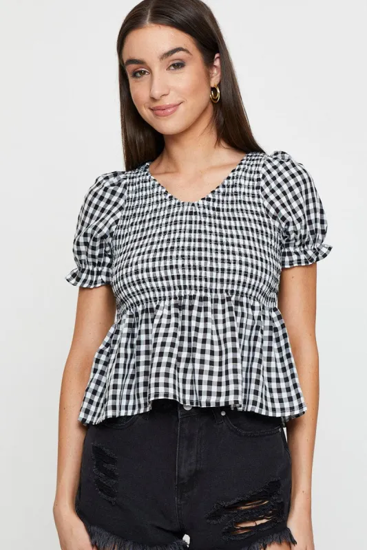 Check Puff Sleeve Top Short Sleeve sold by Ally Fashion