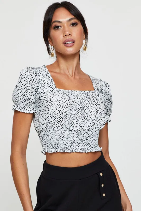 Geo Print Puff Sleeve Top Short Sleeve Crop sold by Ally Fashion