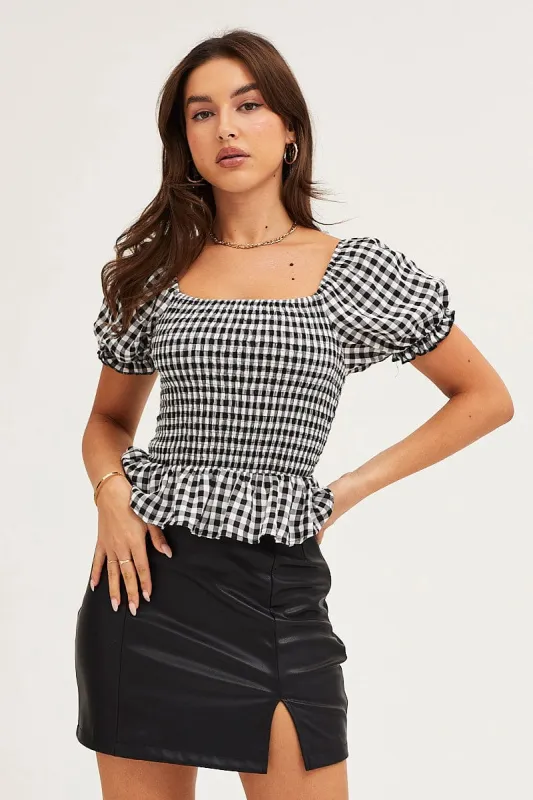 Check Gingham Puff Sleeve Shirred Top sold by Ally Fashion