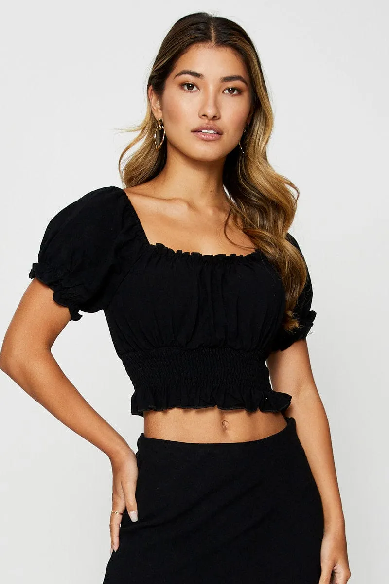 Black Puff Sleeve Top Short Sleeve Crop sold by Ally Fashion