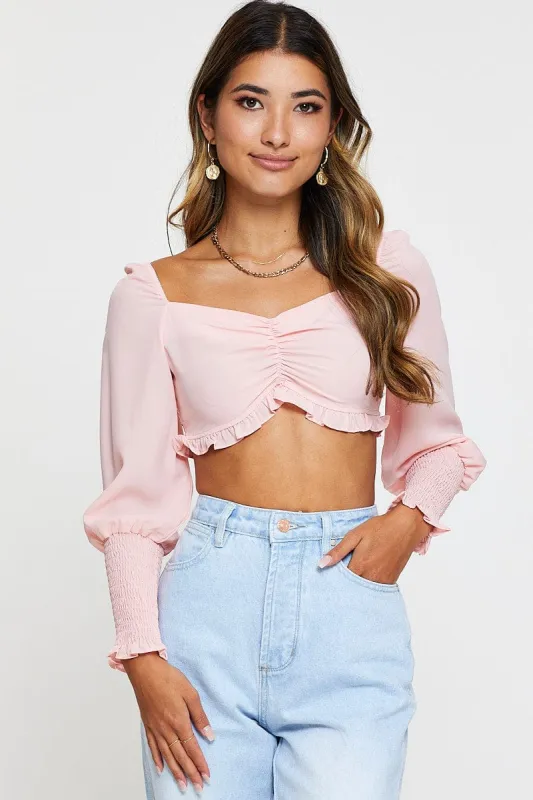 Pink Shirred Top Long Sleeve Crop sold by Ally Fashion