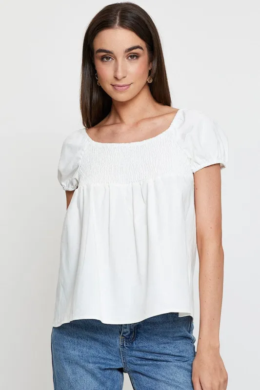 White Shirred Top Short Sleeve sold by Ally Fashion