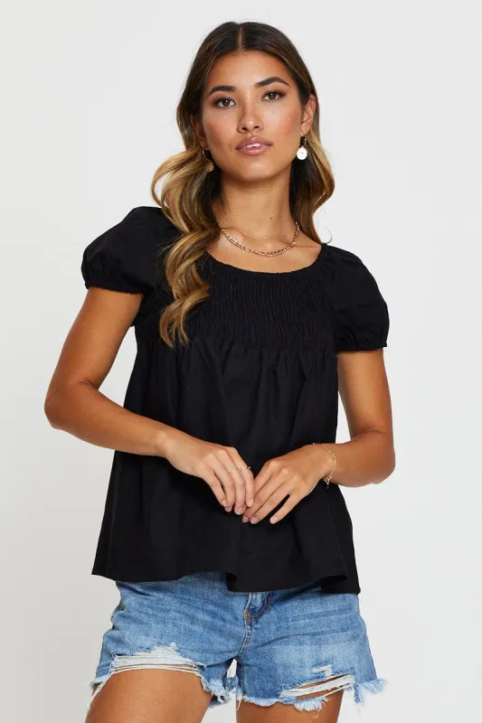 Black Shirred Short Sleeve Top sold by Ally Fashion