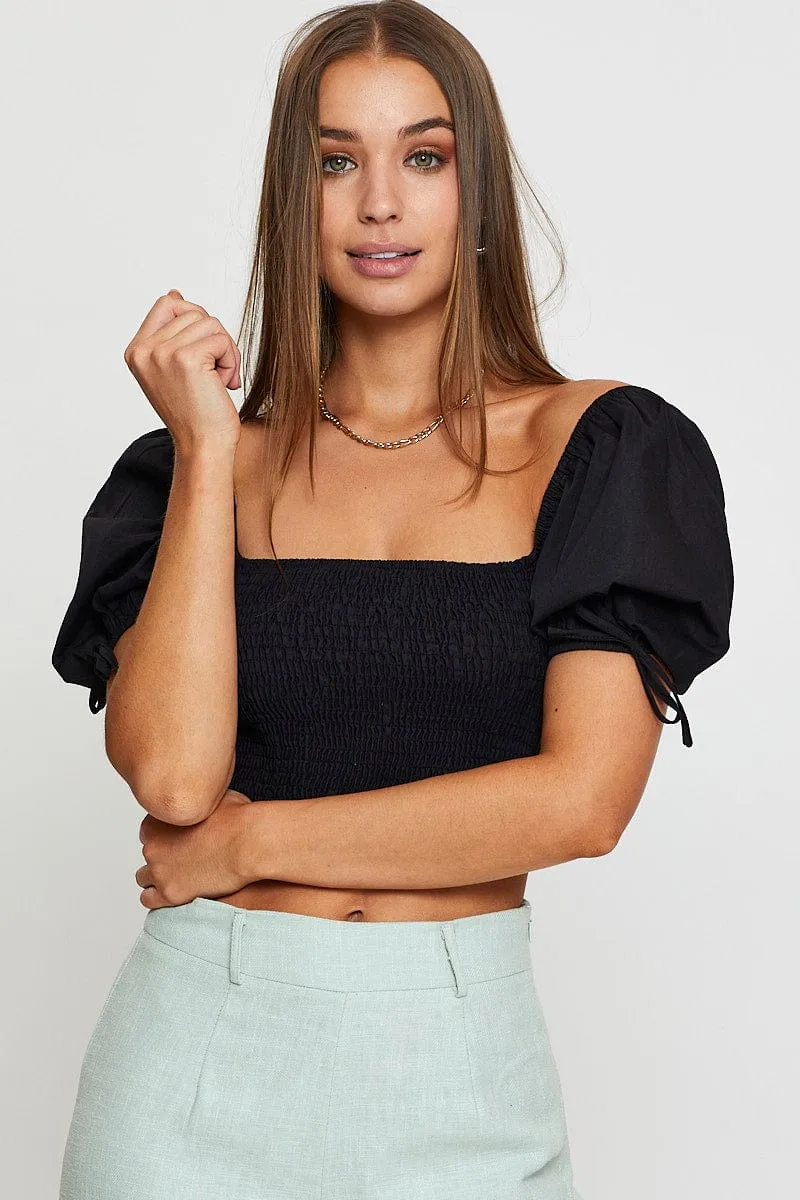 Black Puff Sleeve Top Short Sleeve Crop sold by Ally Fashion