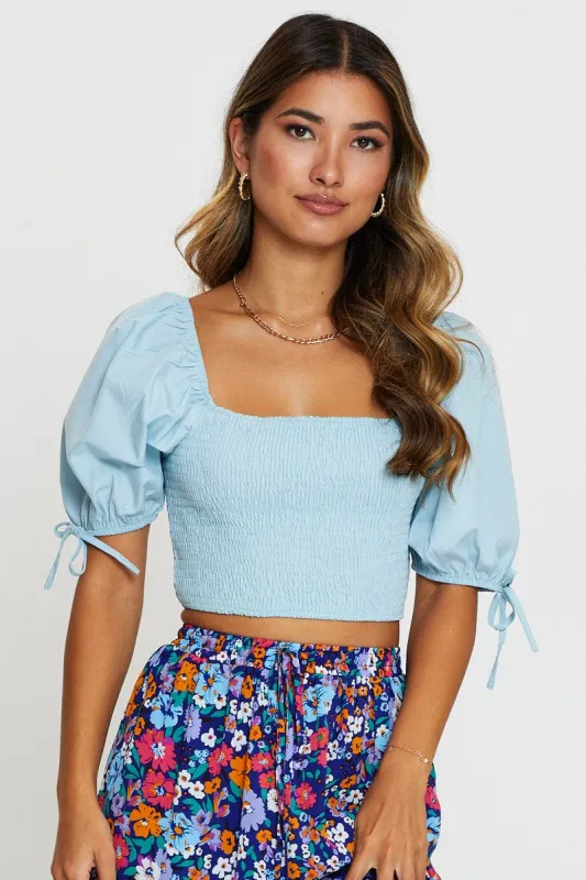 Blue Puff Sleeve Top Short Sleeve Crop sold by Ally Fashion