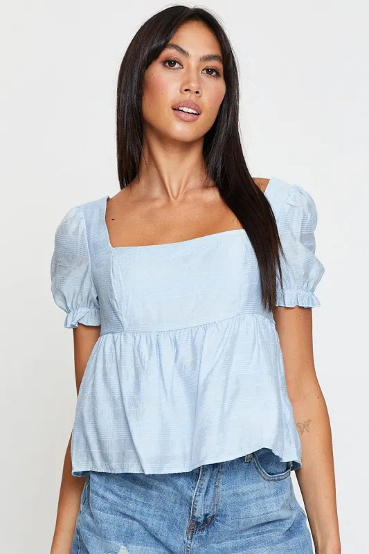 Blue Peplum Top Short Sleeve sold by Ally Fashion
