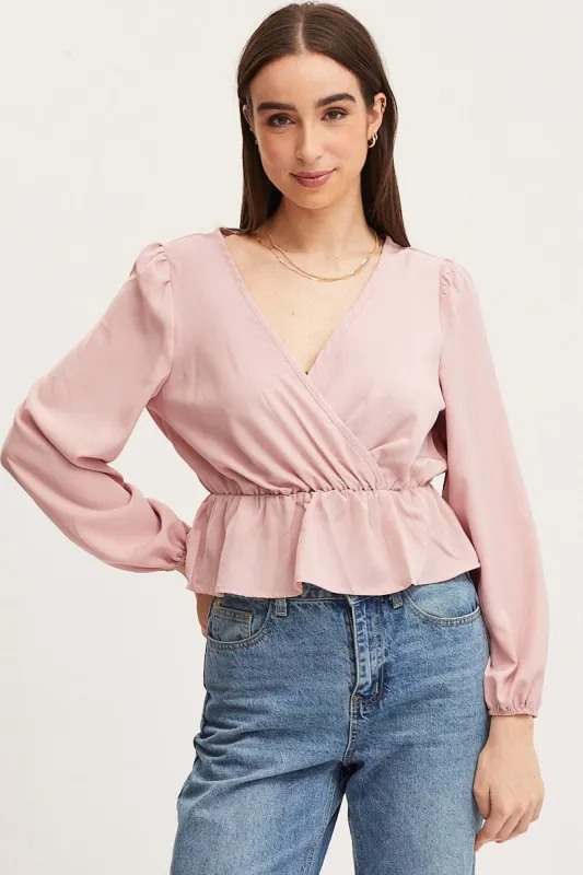 Pink Wrap Front Top Long Sleeve sold by Ally Fashion