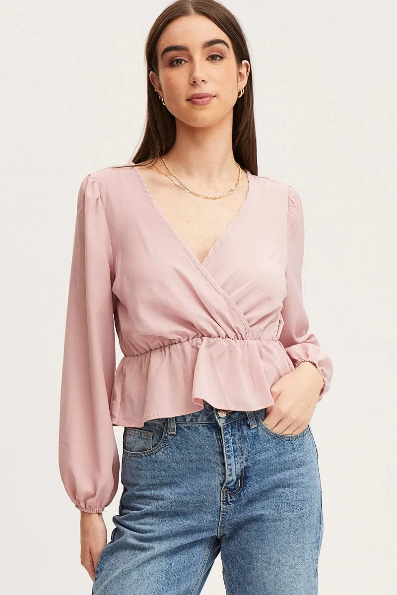 Pink Wrap Front Top Long Sleeve sold by Ally Fashion product image thumbnail 3