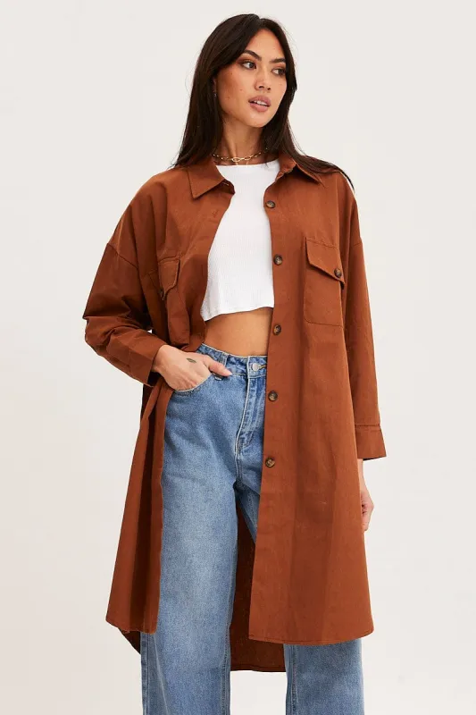 Brown Oversized Shirts Long Sleeve Collared sold by Ally Fashion