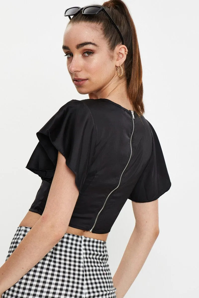 Black Button Front Satin Crop Top sold by Ally Fashion product image thumbnail 5