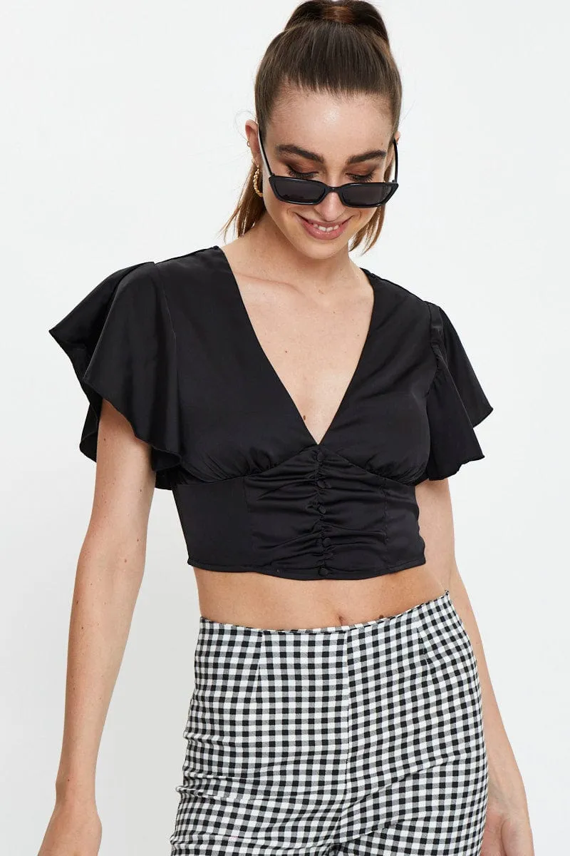 Black Button Front Satin Crop Top sold by Ally Fashion