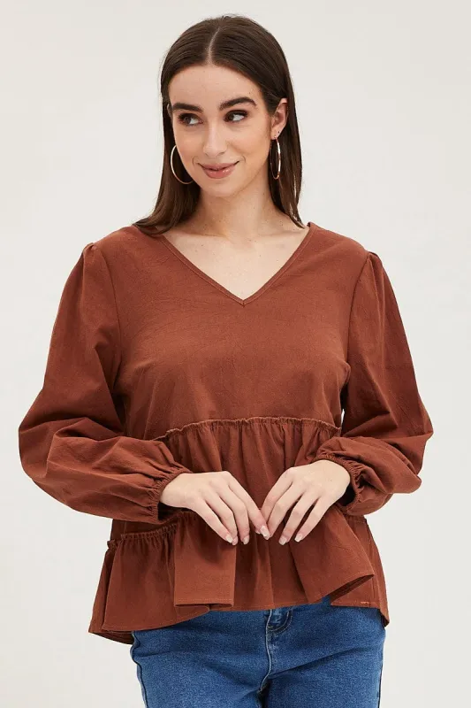 Brown Ruffle Top Long Sleeve sold by Ally Fashion