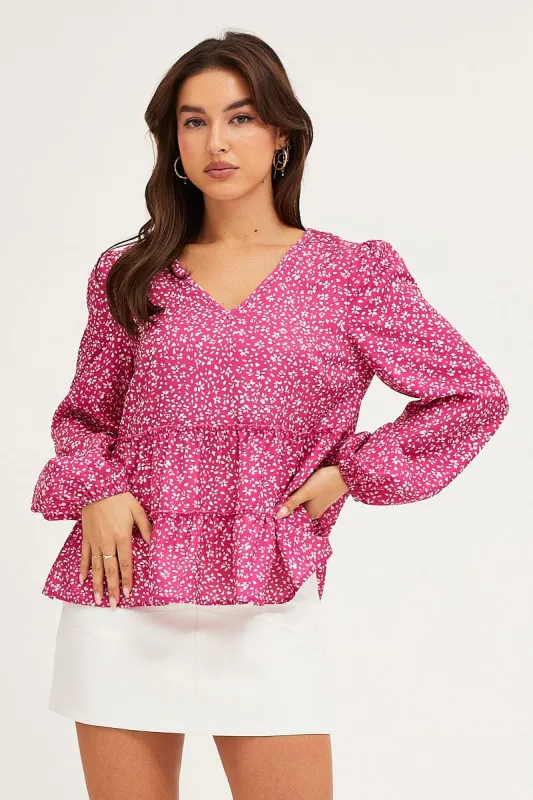 Ditsy Print Ruffle Top Long Sleeve sold by Ally Fashion